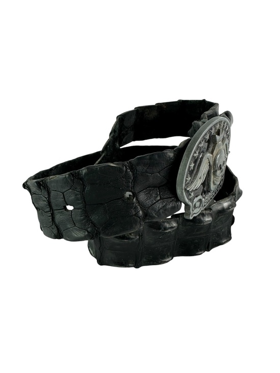 Black Genuine CROCODILE Hornback Belt Skin Leather Men Genuine DISASTERS Skull buckle with black crocodile hornback belt size 36